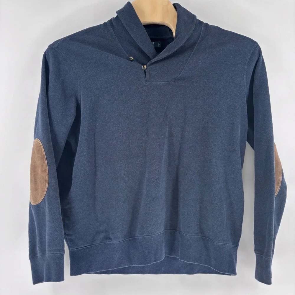 Polo Ralph Lauren Shawl Collar Sweatshirt Mens XL Navy Blue Elbow Patch Preppy